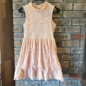 Girls BOHO lace peachy pink dress for the holidays.